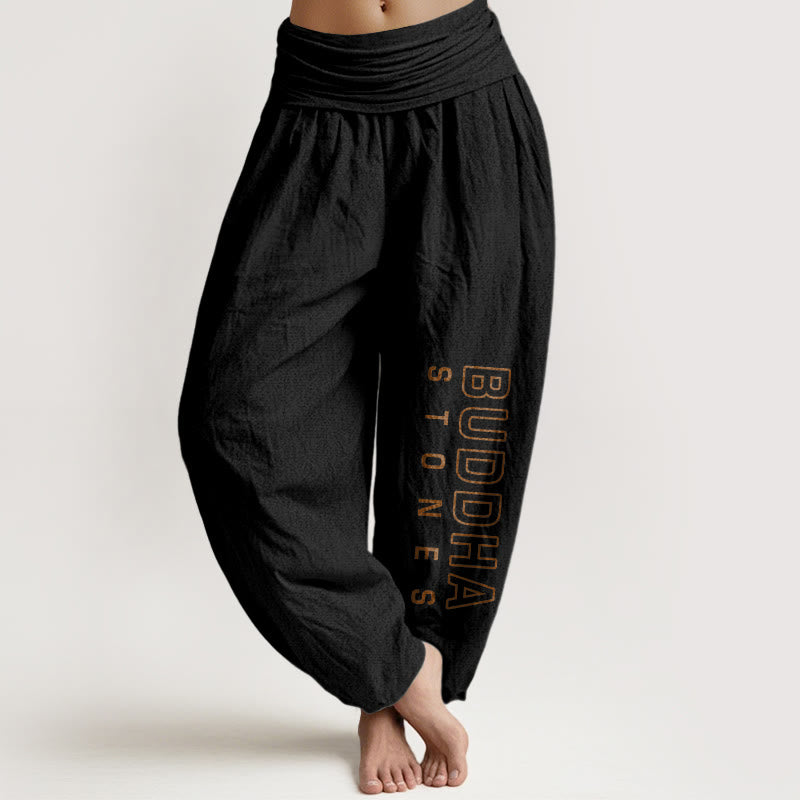 Pantaloni harem da donna in cotone puro tinta unita con scritta " Buddha Stones " Buddha Stones vita elastica - Nero - US22, UK/AU26, EU54 (6XL) - image 5