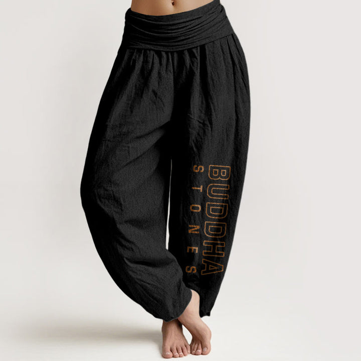 Pantaloni harem da donna in cotone puro tinta unita con scritta " Buddha Stones " Buddha Stones vita elastica - Nero - US22, UK/AU26, EU54 (6XL) - image 5