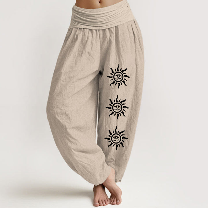 Pantaloni harem da donna con elastico in vita, in puro cotone, con Buddha Stones , modello Sun Om - Tan - US22, UK/AU26, EU54 (6XL) - image 14