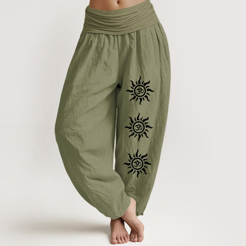 Pantaloni harem da donna con elastico in vita, in puro cotone, con Buddha Stones , modello Sun Om - Verde oliva - US22, UK/AU26, EU54 (6XL) - image 0