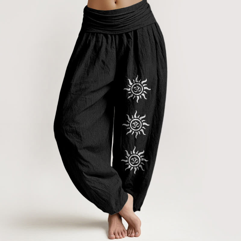 Pantaloni harem da donna con elastico in vita, in puro cotone, con Buddha Stones , modello Sun Om - Nero - US22, UK/AU26, EU54 (6XL) - image 5