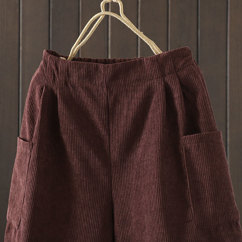 Pantaloni da donna in velluto a coste di cotone con tasche e gamba larga, foderati in pile, a vita alta, con Buddha Stones - image 2