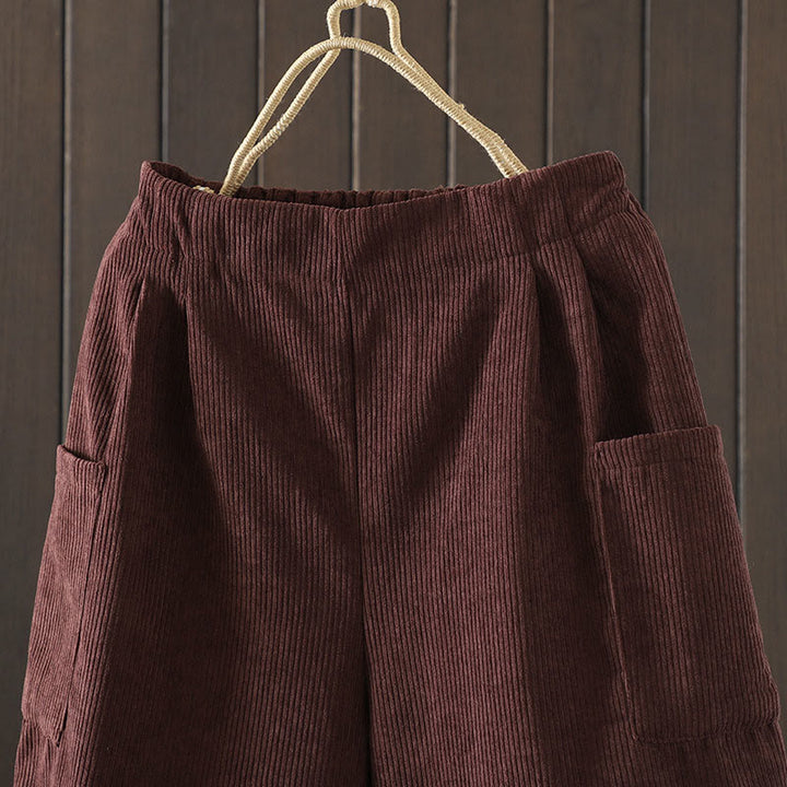 Pantaloni da donna in velluto a coste di cotone con tasche e gamba larga, foderati in pile, a vita alta, con Buddha Stones - image 2