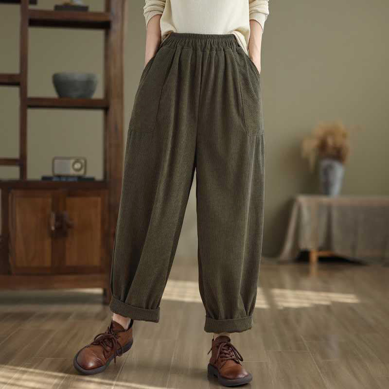 Pantaloni harem da donna in velluto a coste con tasche, modello semplice, tinta unita invernale, lunghezza alla caviglia , Buddha Stones - Verde oliva - US8-10, UK/AU12-14, EU40-42 (2XL) - image 0