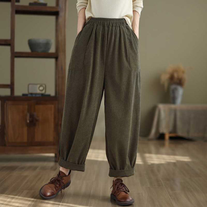Pantaloni harem da donna in velluto a coste con tasche, modello semplice, tinta unita invernale, lunghezza alla caviglia , Buddha Stones - Verde scuro - US8-10, UK/AU12-14, EU40-42 (2XL) - image 0