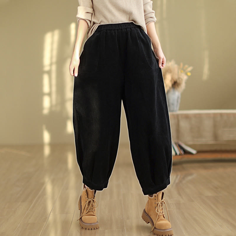 Pantaloni harem da donna in velluto a coste con tasche e elastico in vita, modello Buddha Stones - image 9