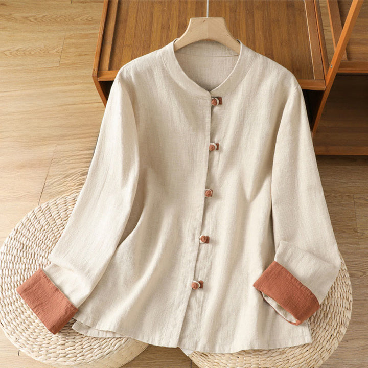 Camicia da donna in lino a maniche lunghe con bottoni cinesi a forma di rana e motivo a contrasto di colore Buddha Stones - Biancheria - US12, UK/AU16, EU44 (2XL) - image 7