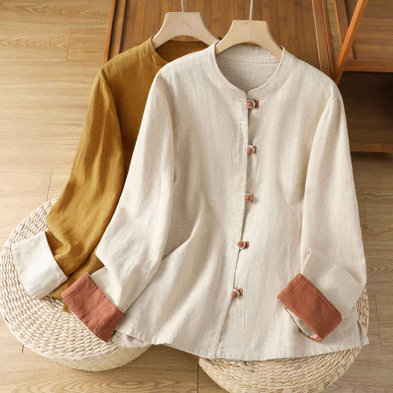 Camicia da donna in lino a maniche lunghe con bottoni cinesi a forma di rana e motivo a contrasto di colore Buddha Stones - image 19
