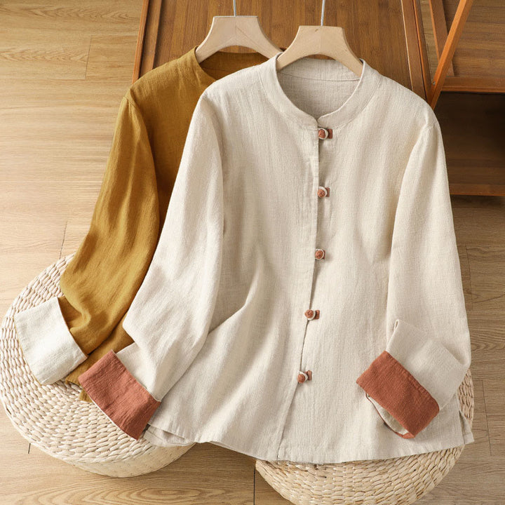 Camicia da donna in lino a maniche lunghe con bottoni cinesi a forma di rana e motivo a contrasto di colore Buddha Stones - image 19