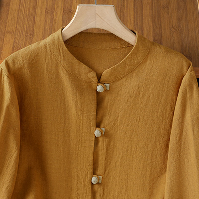 Camicia da donna in lino a maniche lunghe con bottoni cinesi a forma di rana e motivo a contrasto di colore Buddha Stones - image 2