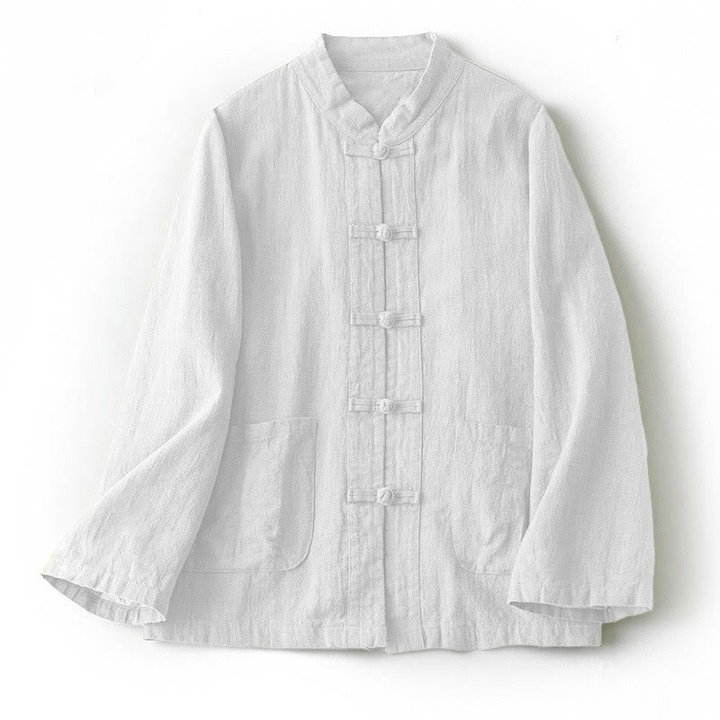 Camicia da donna in cotone con colletto rialzato, maniche lunghe, bottoni etnici a forma di rana, con tasche Buddha Stones - Bianco - US12, UK/AU16, EU44 (2XL) - image 1