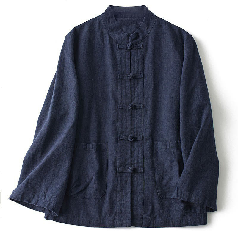 Camicia da donna in cotone con colletto rialzato, maniche lunghe, bottoni etnici a forma di rana, con tasche Buddha Stones - Blu notte - US12, UK/AU16, EU44 (2XL) - image 4