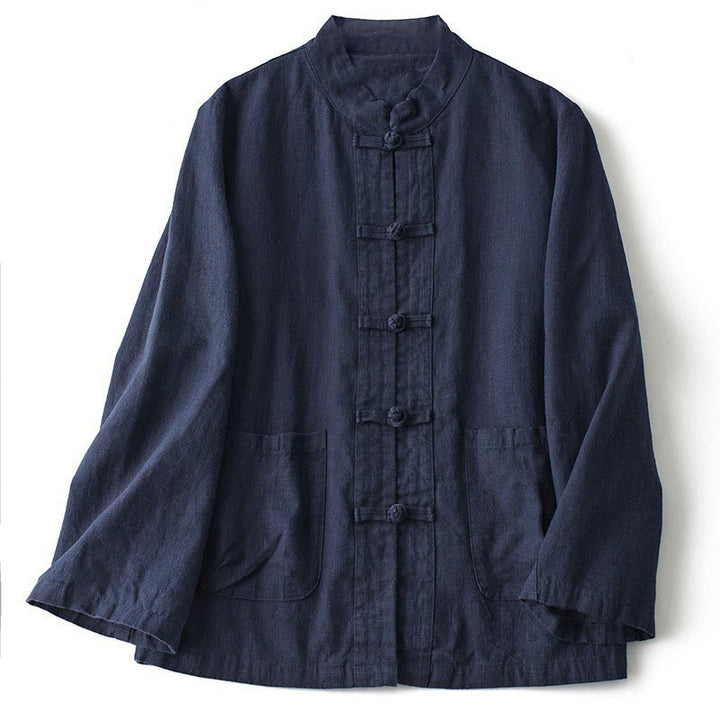 Camicia da donna in cotone con colletto rialzato, maniche lunghe, bottoni etnici a forma di rana, con tasche Buddha Stones - Blu notte - US12, UK/AU16, EU44 (2XL) - image 4