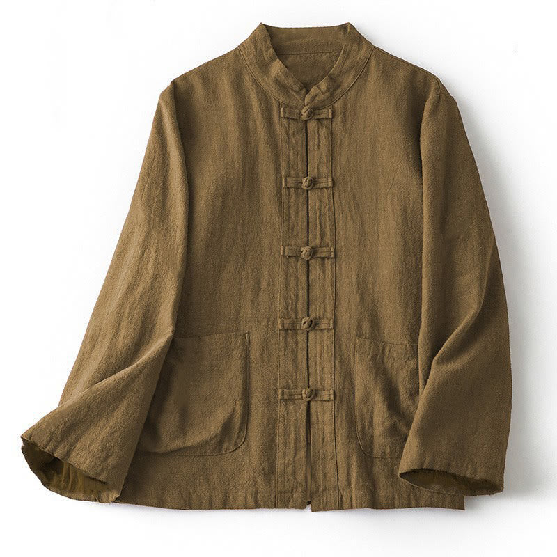 Camicia da donna in cotone con colletto rialzato, maniche lunghe, bottoni etnici a forma di rana, con tasche Buddha Stones - DarkGoldenrod - US12, UK/AU16, EU44 (2XL) - image 0
