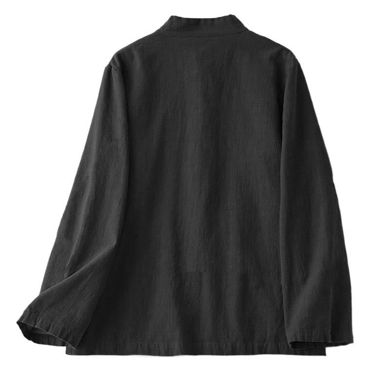Camicia da donna in cotone con colletto rialzato, maniche lunghe, bottoni etnici a forma di rana, con tasche Buddha Stones - image 3