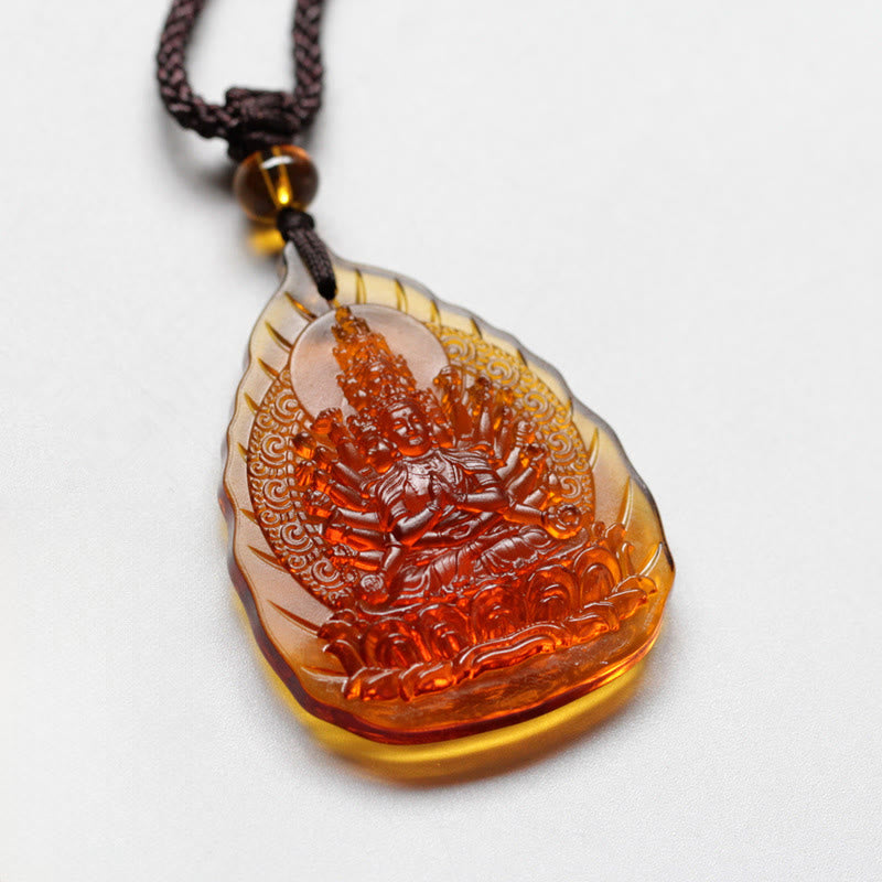 Collana con ciondolo a forma di foglia, in cristallo Liuli, con Buddha Stones , zodiaco cinese, Buddha natale, protezione - Avalokitesvara dalle mille braccia del ratto - image 0