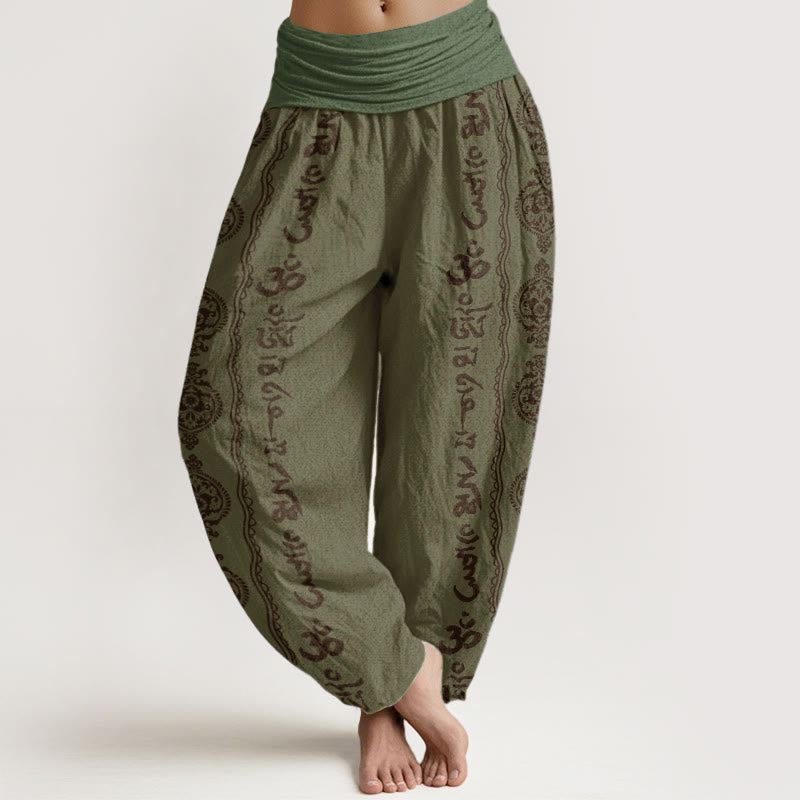 Pantaloni harem da donna con elastico in vita, in puro cotone, con motivo mandala Om Mani Padme Hum Buddha Stones - Verde oliva scuro - US22, UK/AU26, EU54 (6XL) - image 5