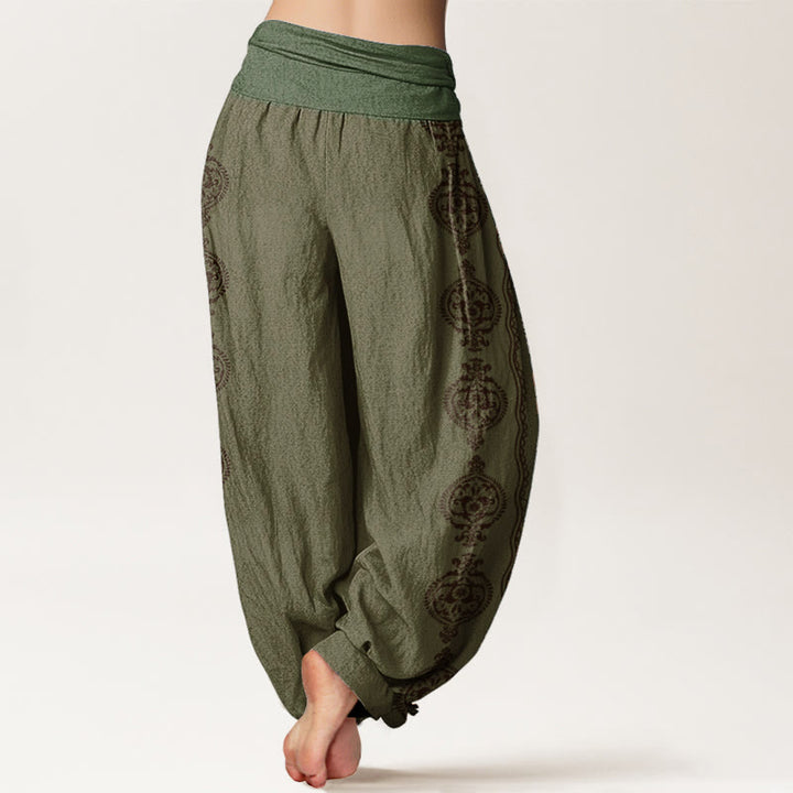 Pantaloni harem da donna con elastico in vita, in puro cotone, con motivo mandala Om Mani Padme Hum Buddha Stones - image 7