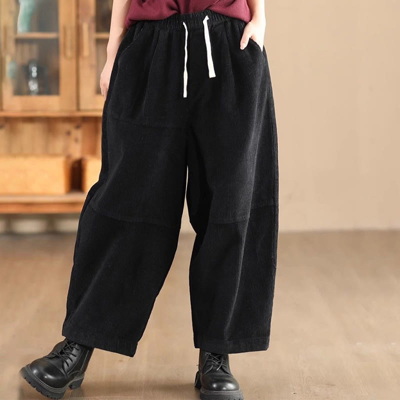 Pantaloni da donna in velluto a coste di cotone con coulisse, foderati in pile termico e tasche Buddha Stones - Nero - US14, UK/AU18, EU46 (4XL) - image 3