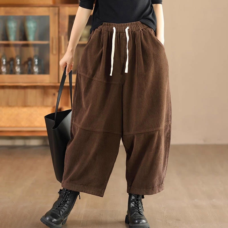 Pantaloni da donna in velluto a coste di cotone con coulisse, foderati in pile termico e tasche Buddha Stones - Marrone sella - US14, UK/AU18, EU46 (4XL) - image 6