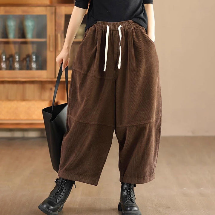 Pantaloni da donna in velluto a coste di cotone con coulisse, foderati in pile termico e tasche Buddha Stones - Marrone sella - US14, UK/AU18, EU46 (4XL) - image 6