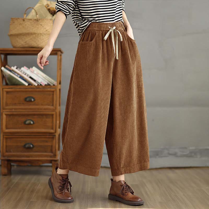 Pantaloni da donna in velluto a coste con coulisse e tasche, a contrasto di colore , Buddha Stones - DarkGoldenrod - US8-10, UK/AU12-14, EU40-42 (2XL) - image 0