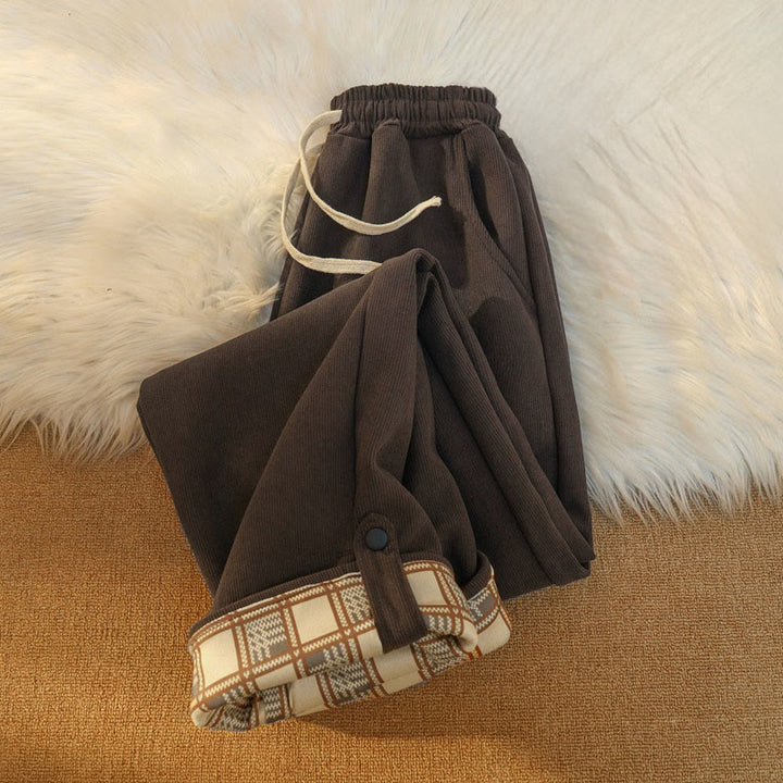 Pantaloni larghi da donna in velluto a coste di cotone patchwork con fodera in pile e tasche Buddha Stones - image 7