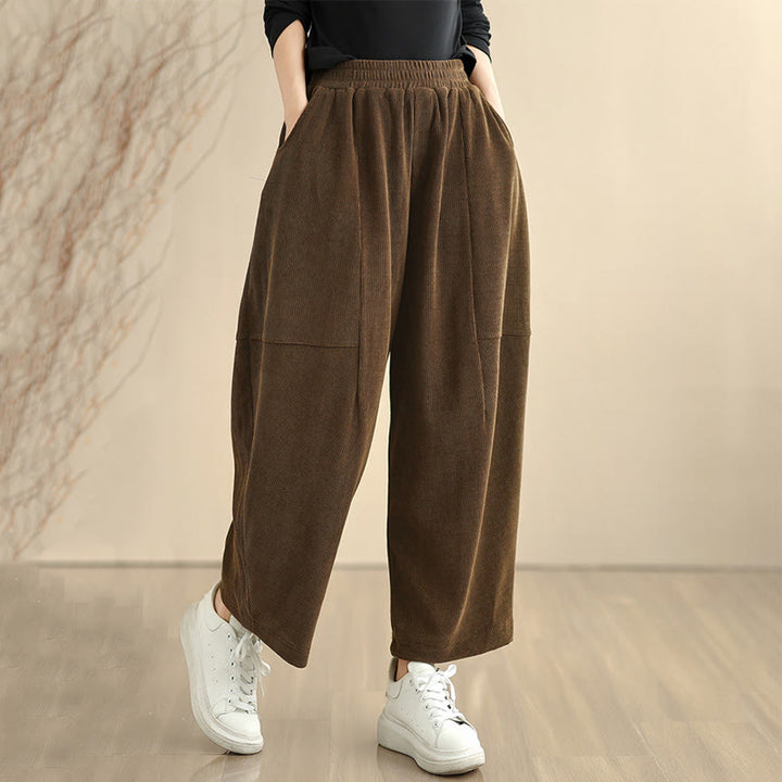 Pantaloni harem in velluto a coste patchwork con tasche da donna di Buddha Stones - Marrone sella - US8-10, UK/AU12-14, EU40-42 (2XL) - image 0