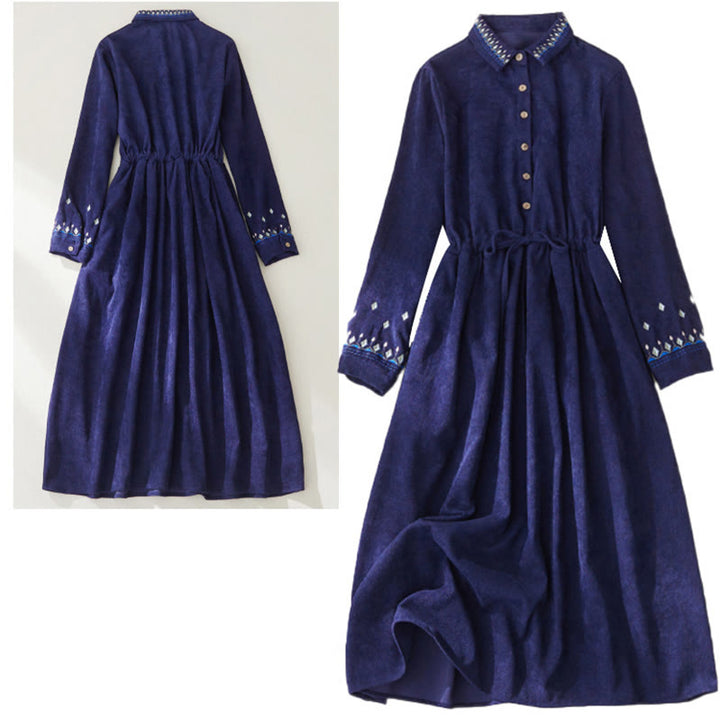 Abito midi a maniche lunghe con tasche, motivo floreale ricamato con Buddha Stones lacci - image 14