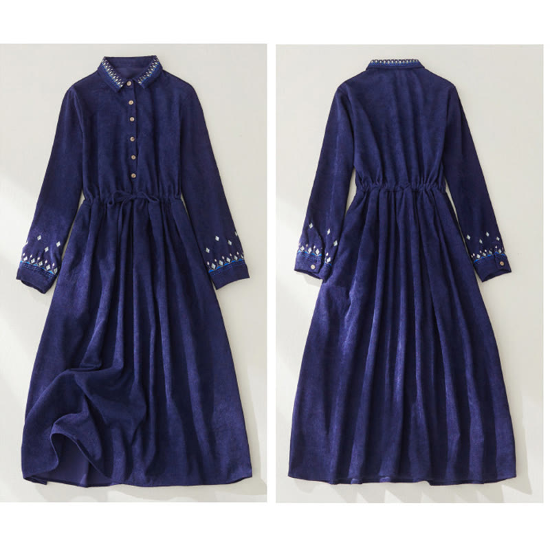 Abito midi a maniche lunghe con tasche, motivo floreale ricamato con Buddha Stones lacci - image 13