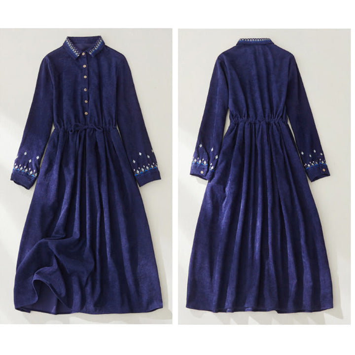 Abito midi a maniche lunghe con tasche, motivo floreale ricamato con Buddha Stones lacci - image 13