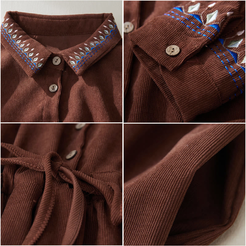 Abito midi a maniche lunghe con tasche, motivo floreale ricamato con Buddha Stones lacci - image 6