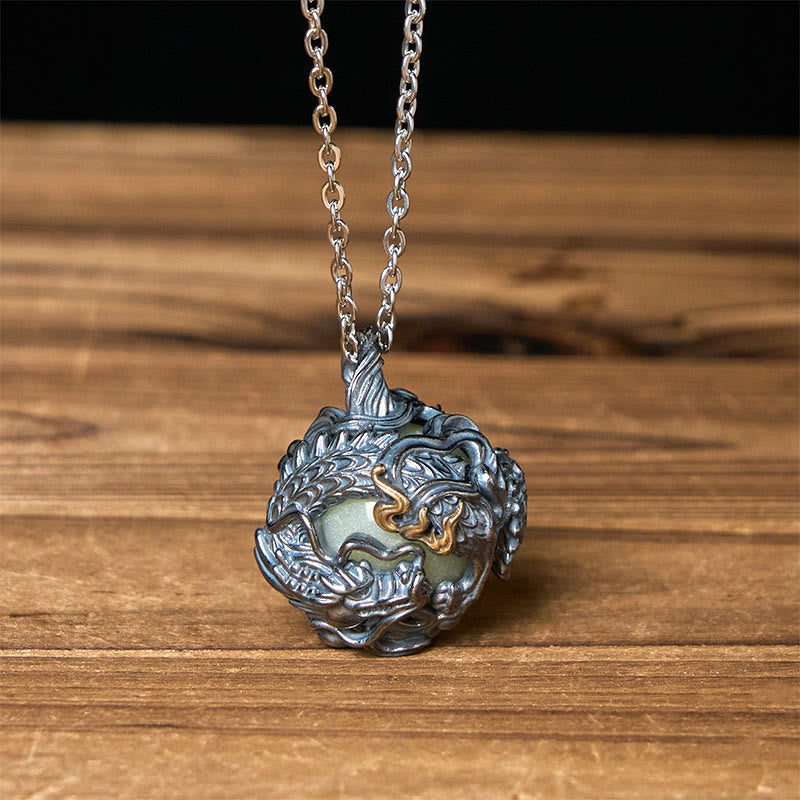 Buddha Stones Collana con ciondolo a forma di drago di rame che circonda la perla della forza - Catena del drago e della croce - image 0