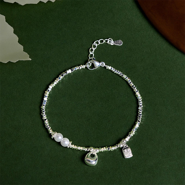 Braccialetto di benedizione con perle e carattere Fu in argento placcato rame con Buddha Stones - Borsa di rame (circonferenza del polso: 15-17 cm) - image 0