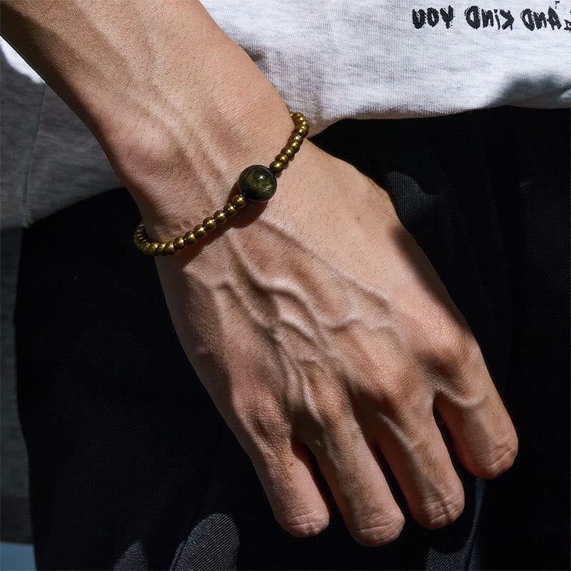 Braccialetto di protezione e ricchezza in ossidiana Buddha Stones placcate in rame e ottone dorato - image 2