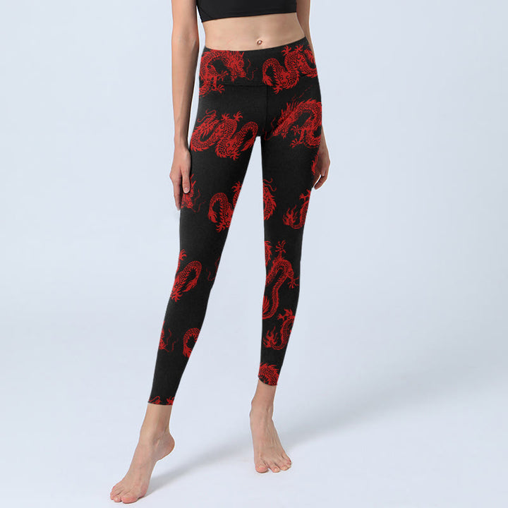 Buddha Stones Leggings da palestra con motivo drago rosso, pantaloni da yoga da donna - image 5