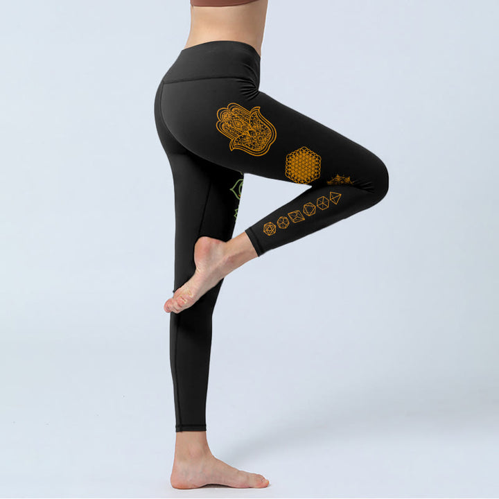 Buddha Stones Leggings da palestra con motivo Hamsa, fiore della vita, solidi platonici e chakra, pantaloni da yoga da donna - image 3