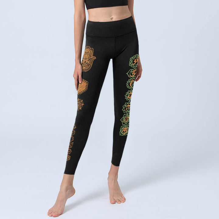 Buddha Stones Leggings da palestra con motivo Hamsa, fiore della vita, solidi platonici e chakra, pantaloni da yoga da donna - image 5