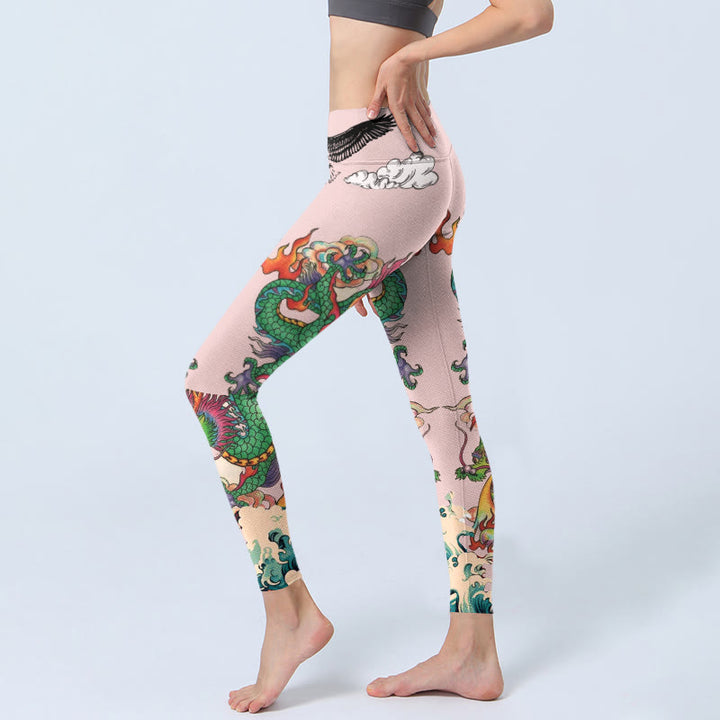 Buddha Stones Leggings da palestra con motivo Dragon Rose Eagle Waves, nuvole di buon auspicio, pantaloni da yoga da donna - image 2