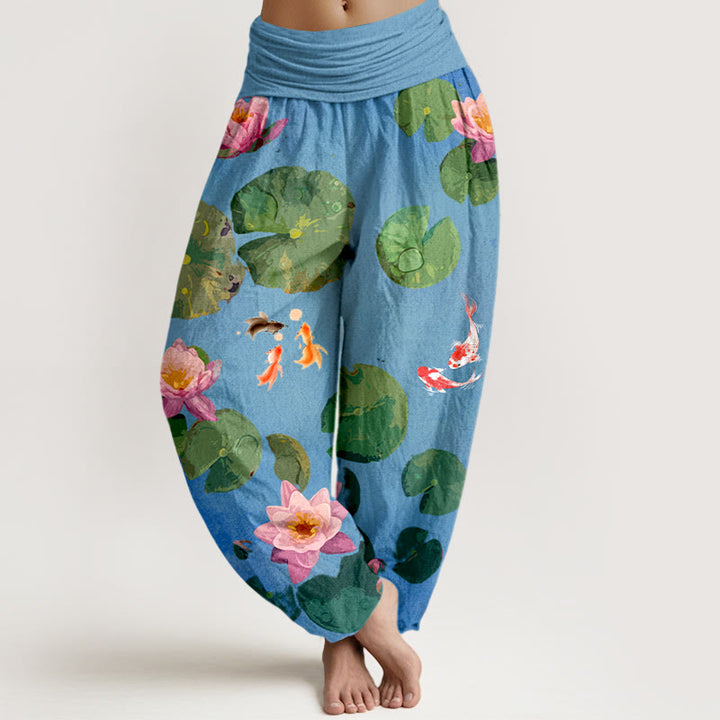 Pantaloni harem da donna in puro cotone con elastico in vita e motivo a fiori di loto e stampa Buddha Stones - FiordalisoBlu - US16, UK/AU20, EU48 (3XL) - image 0