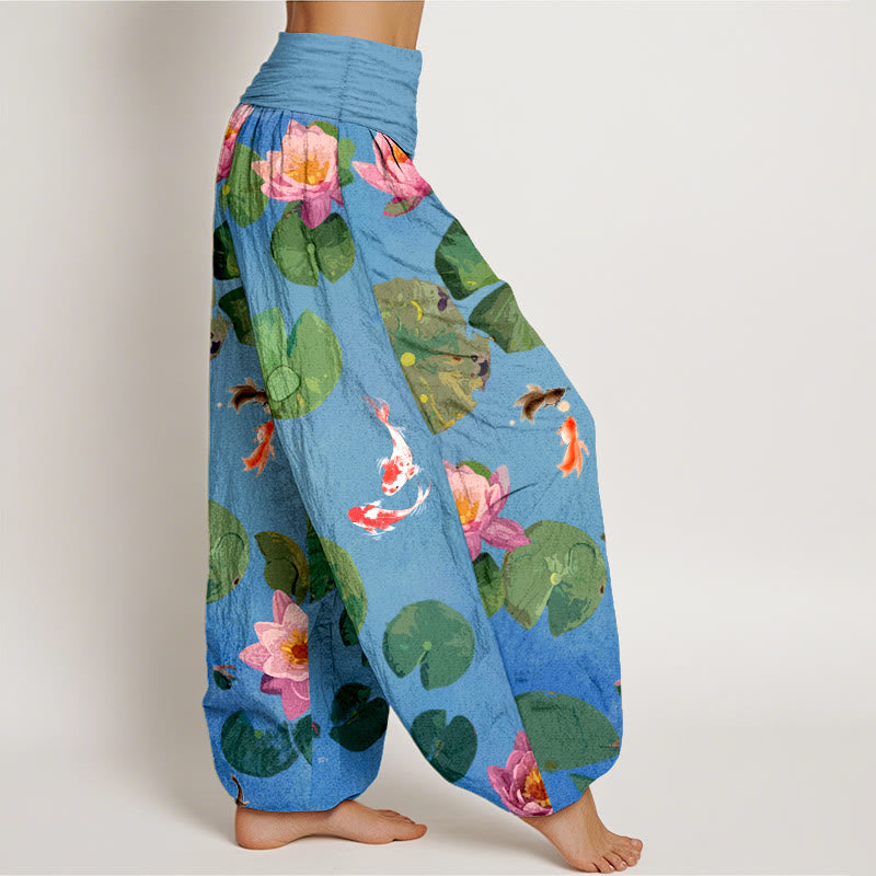 Pantaloni harem da donna in puro cotone con elastico in vita e motivo a fiori di loto e stampa Buddha Stones - image 1