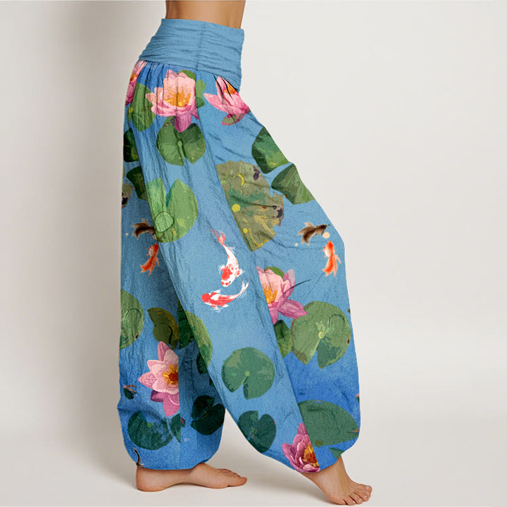 Pantaloni harem da donna in puro cotone con elastico in vita e motivo a fiori di loto e stampa Buddha Stones - image 1