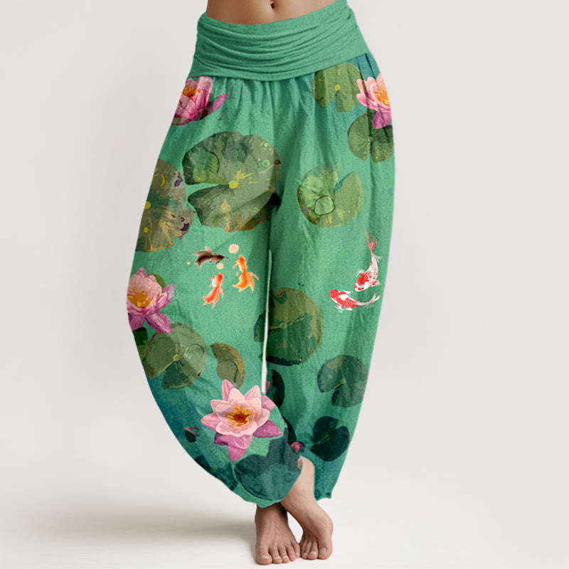 Pantaloni harem da donna in puro cotone con elastico in vita e motivo a fiori di loto e stampa Buddha Stones - Primavera Verde - US16, UK/AU20, EU48 (3XL) - image 5