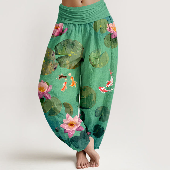Pantaloni harem da donna in puro cotone con elastico in vita e motivo a fiori di loto e stampa Buddha Stones - Primavera Verde - US16, UK/AU20, EU48 (3XL) - image 5