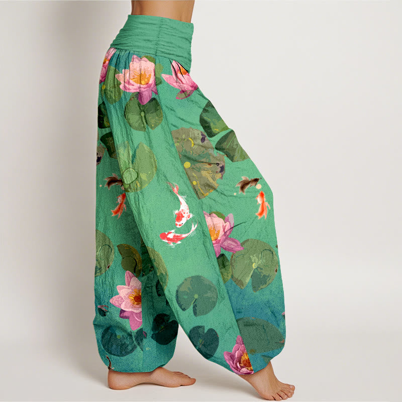 Pantaloni harem da donna in puro cotone con elastico in vita e motivo a fiori di loto e stampa Buddha Stones - image 6