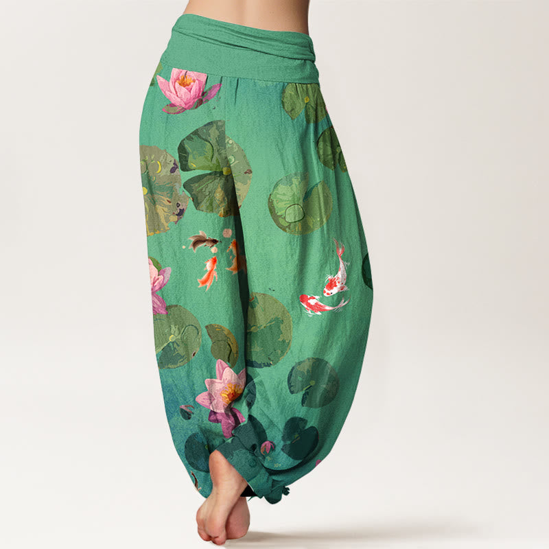 Pantaloni harem da donna in puro cotone con elastico in vita e motivo a fiori di loto e stampa Buddha Stones - image 7