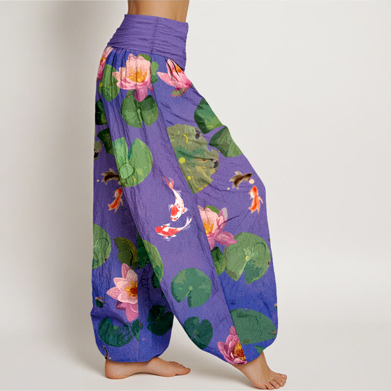 Pantaloni harem da donna in puro cotone con elastico in vita e motivo a fiori di loto e stampa Buddha Stones - image 9