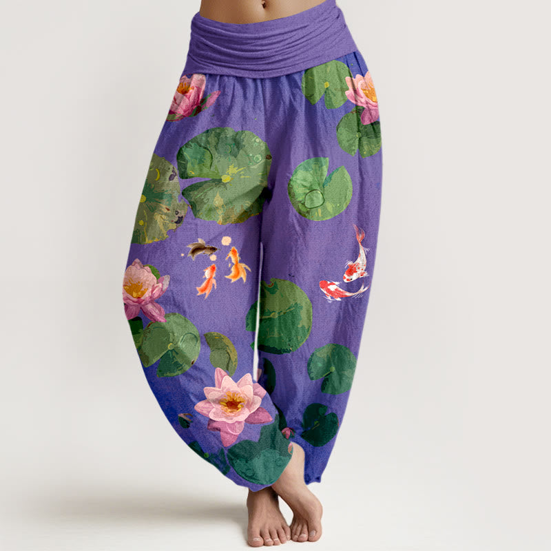 Pantaloni harem da donna in puro cotone con elastico in vita e motivo a fiori di loto e stampa Buddha Stones - Viola scuro - US16, UK/AU20, EU48 (3XL) - image 8