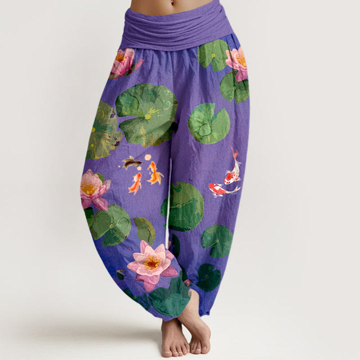 Pantaloni harem da donna in puro cotone con elastico in vita e motivo a fiori di loto e stampa Buddha Stones - Viola scuro - US16, UK/AU20, EU48 (3XL) - image 8