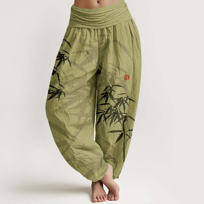 Pantaloni harem da donna in cotone elasticizzato con stampa Buddha Stones e foglie di bambù - GialloVerde - US16, UK/AU20, EU48 (3XL) - image 0